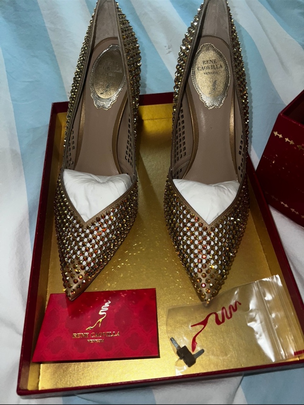 Rene Caovilla Gold Crystal Mesh Pointed Toe Pumps